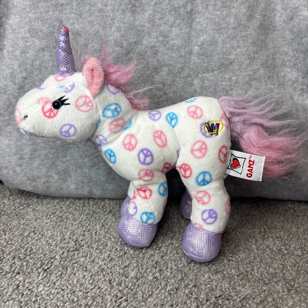 Webkinz Peace Unicorn Kids Small White Pink Purple Peace Sign Plush HM425